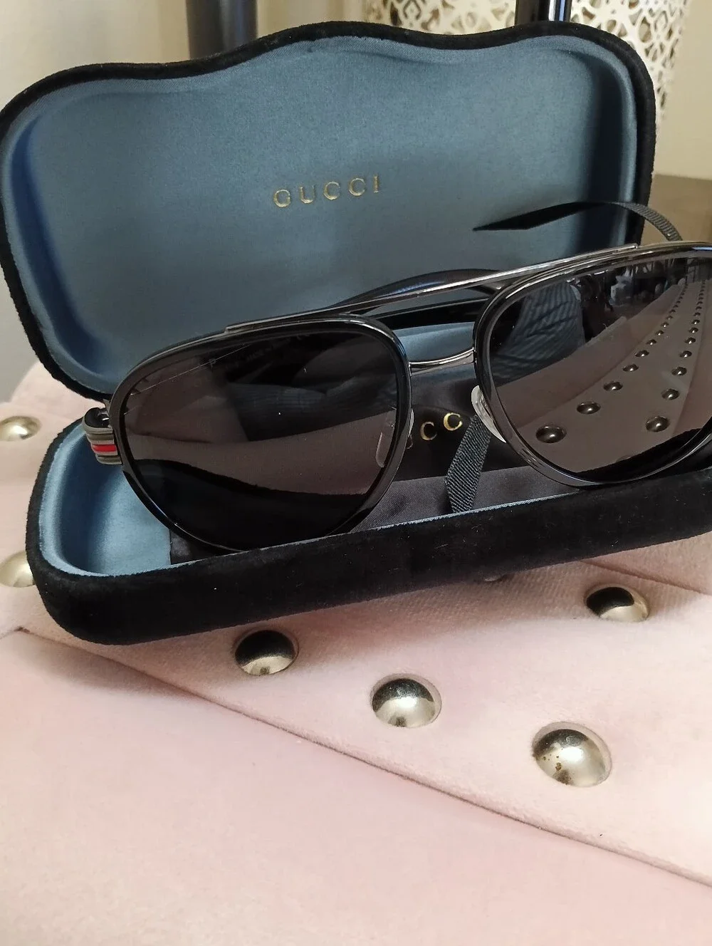 Gucci GG0447S 001 Black Aviator Sunglasses with Green and Red Temple Stripes